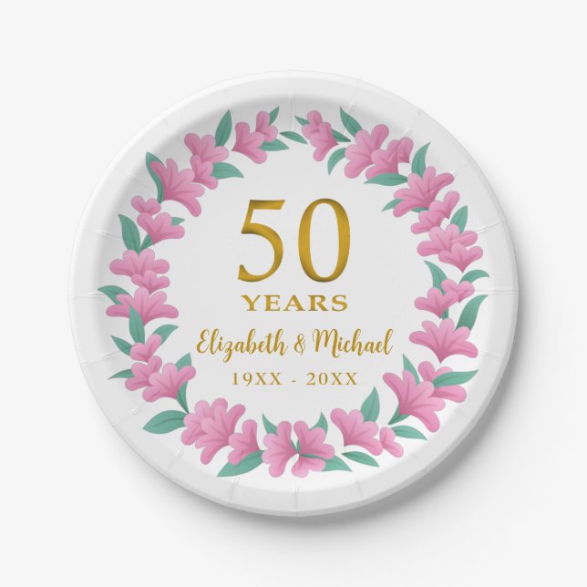 50th Wedding Anniversary Golden Pink Wreath Paper Plate (Front)