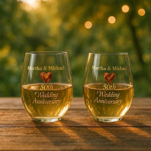 50th Wedding Anniversary Golden Typography Heart  Stemless Wine Glass