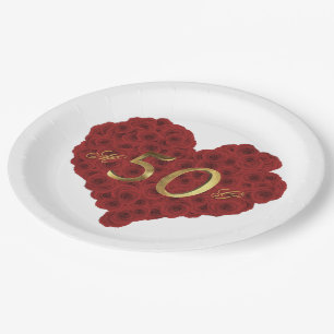 50th Wedding Anniversary Golden Wedding Red Roses Paper Plate