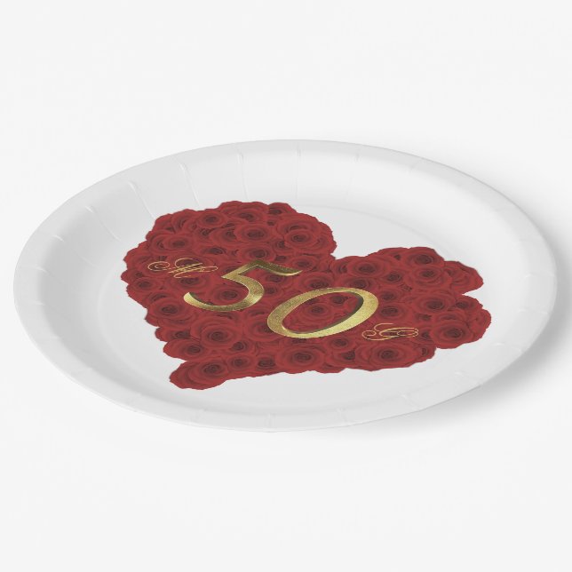50th Wedding Anniversary Golden Wedding Red Roses Paper Plate (Angled)
