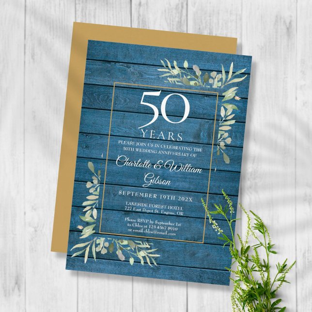 50th Wedding Anniversary Greenery Blue Rustic Wood Invitation (Creator Uploaded)