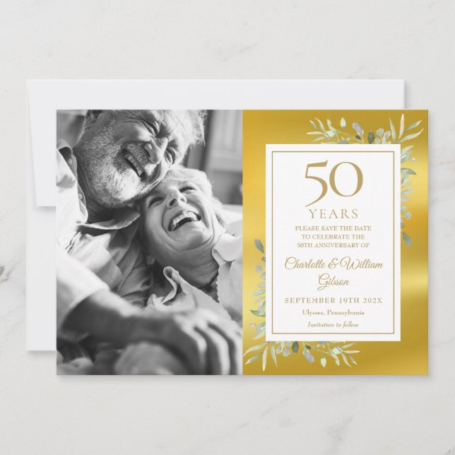 50th Wedding Anniversary Greenery Gold Foil Photo Save The Date (Front)