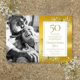 50th Wedding Anniversary Greenery Gold Foil Photo Save The Date