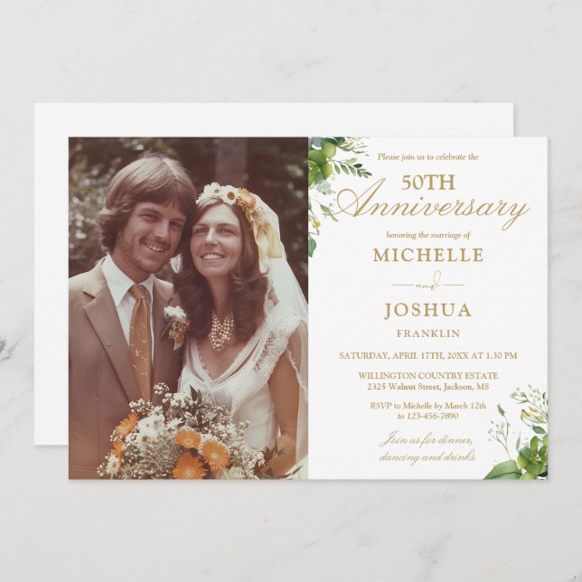 50th Wedding Anniversary Greenery Gold Photo Invitation (Front/Back)