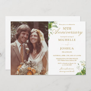 50th Wedding Anniversary Greenery Gold Photo Invitation