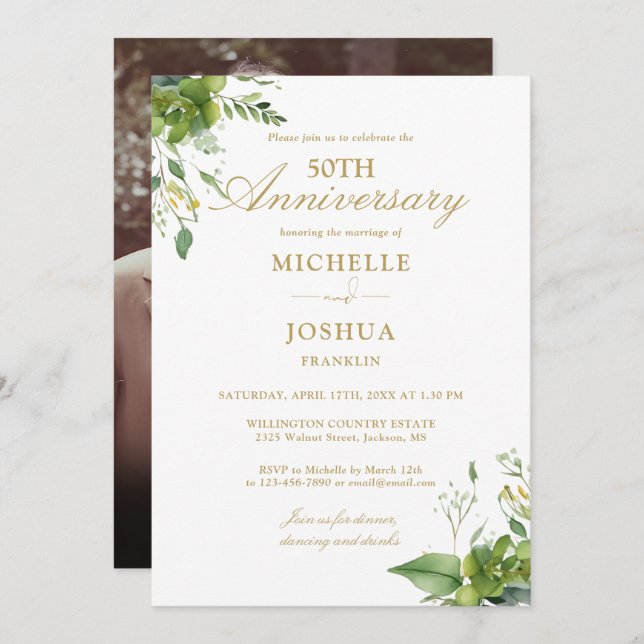 50th Wedding Anniversary Greenery Gold Photo Invitation (Front/Back)