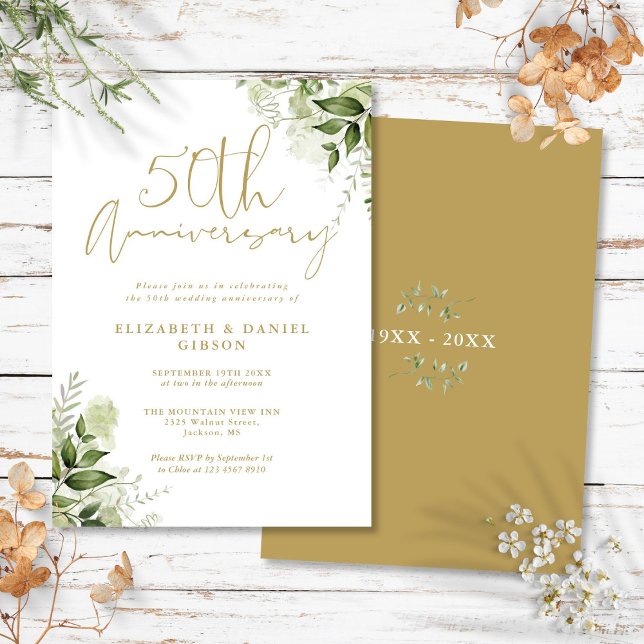 50th Wedding Anniversary Greenery Gold Script Invitation (50th Wedding Anniversary Greenery Gold Script Invitation)