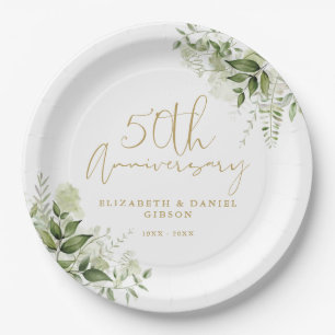 50th Wedding Anniversary Greenery Gold Script Paper Plate