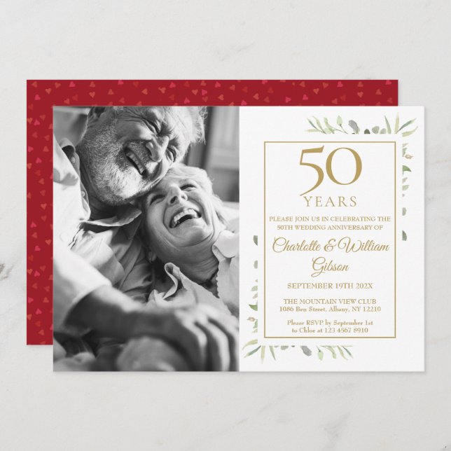 50th Wedding Anniversary Greenery Love Heart Photo Invitation (Front/Back)