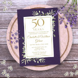 50th Wedding Anniversary Greenery Purple And Gold Invitation<br><div class="desc">Featuring botanical greenery watercolor eucalyptus leaves on a purple background. This modern anniversary invitation can be personalised with information about your special 50th anniversary celebration in elegant gold typography. Designed by Thisisnotme©</div>