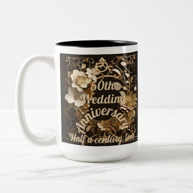 50th Wedding Anniversary Half a Century, Love Gold Two-Tone Coffee Mug (Left)