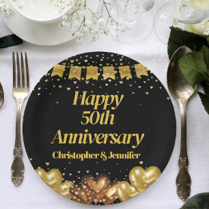 50th wedding Anniversary Happy Black and Gold  Paper Plate