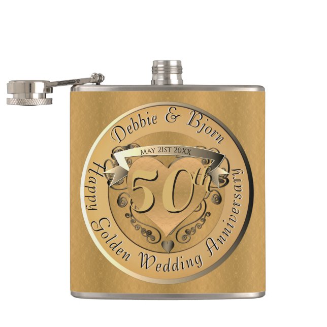 50th Wedding Anniversary Heart Emblem Golden Hip Flask (Opened)