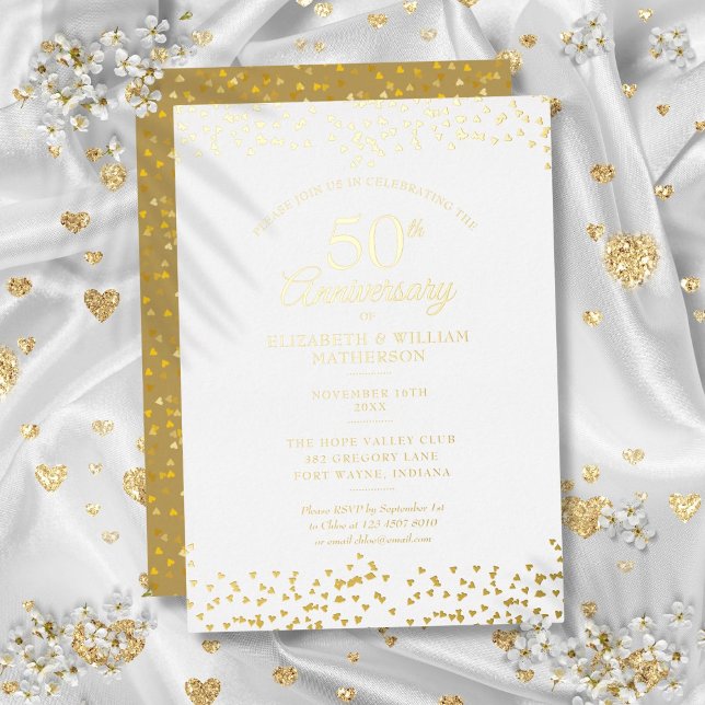 50th Wedding Anniversary Hearts Confetti Gold (50th Wedding Anniversary Hearts Confetti Gold Foil Invitation)