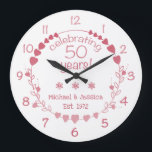 50th Wedding Anniversary Hearts Large Clock<br><div class="desc">Celebrate a milestone wedding anniversary with this gorgeous and elegant wall clock with a design featuring a wreath with red and pink hearts.</div>