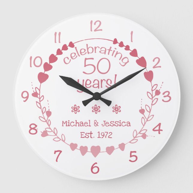 50th Wedding Anniversary Hearts Large Clock (Front)
