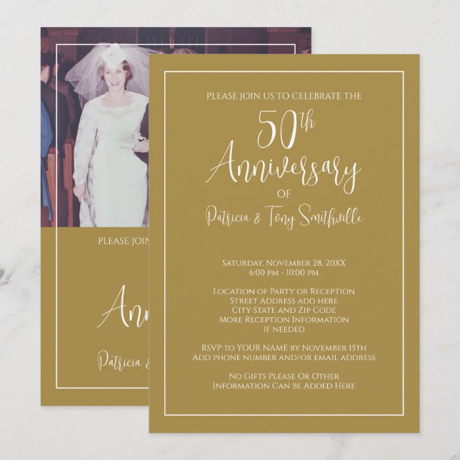 50th Wedding Anniversary - Horizontal Photo - gold Invitation (Front/Back)