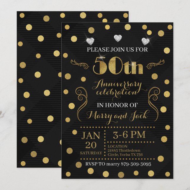 50th Wedding Anniversary Invitation - Black & Gold (Front/Back)