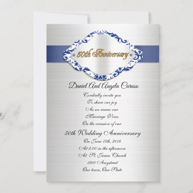 50th Wedding Anniversary Invitation blue and white (Front)