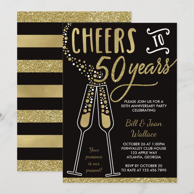 50th Wedding Anniversary Invitation, Faux Glitter Invitation (Front/Back)
