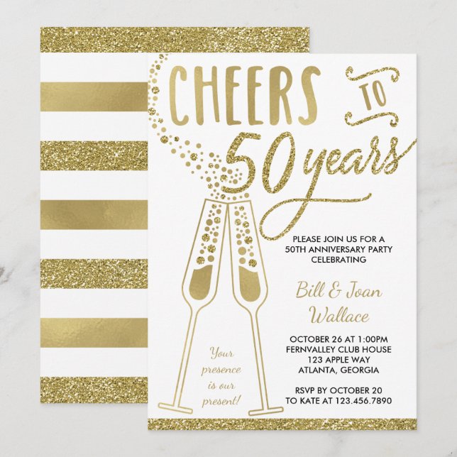 50th Wedding Anniversary Invitation, Faux Glitter Invitation (Front/Back)
