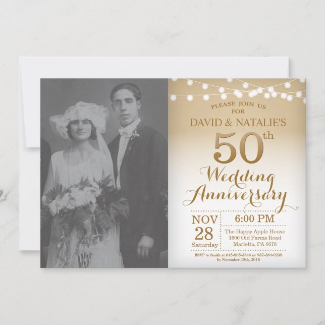 50th Wedding Anniversary Invitation Gold Photo (Front)
