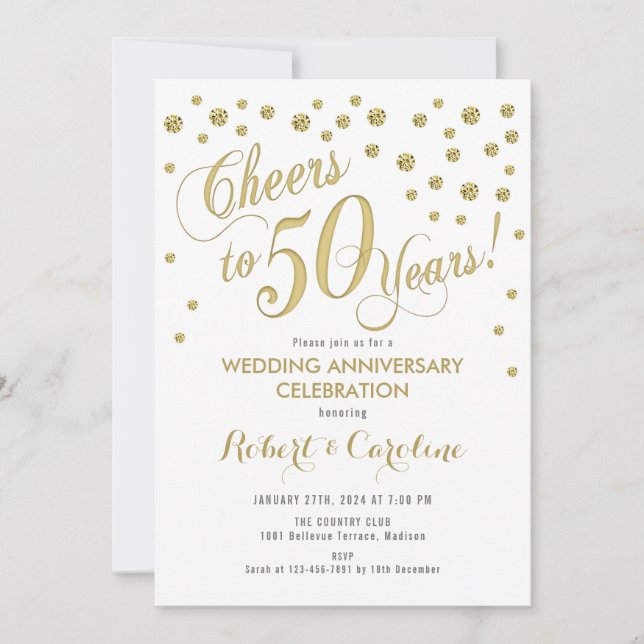 50th Wedding Anniversary Invitation - Gold & White (Front)