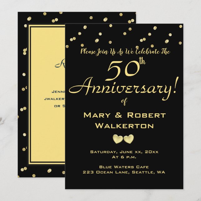 50th Wedding Anniversary Invitation -Golden Hearts (Front/Back)