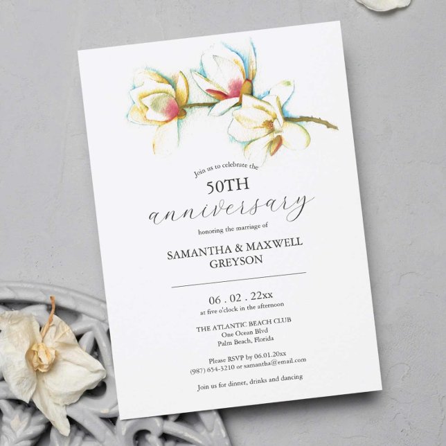 50th Wedding Anniversary Invitations Floral (50th Wedding Anniversary invitations feature unique watercolor white flowers by Victoria Grigaliunas)