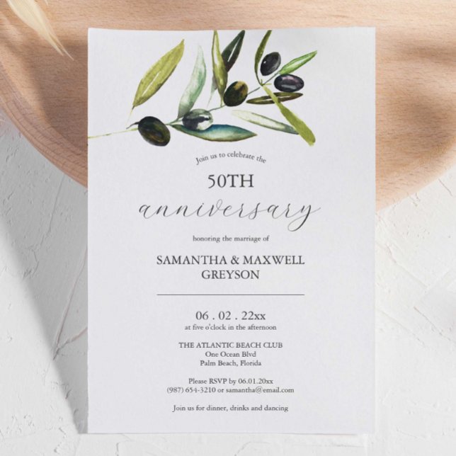 50th Wedding Anniversary Invitations Olive Branch (50th anniversary invitations feature unique watercolor olive branch art by Victoria Grigaliunas)