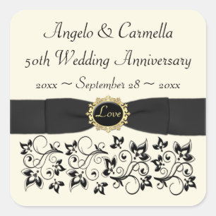 50th Wedding Anniversary Ivory Black Floral Square Sticker