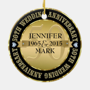 50Th Wedding Anniversary Metallic Gold & Black 2 Ceramic Tree Decoration