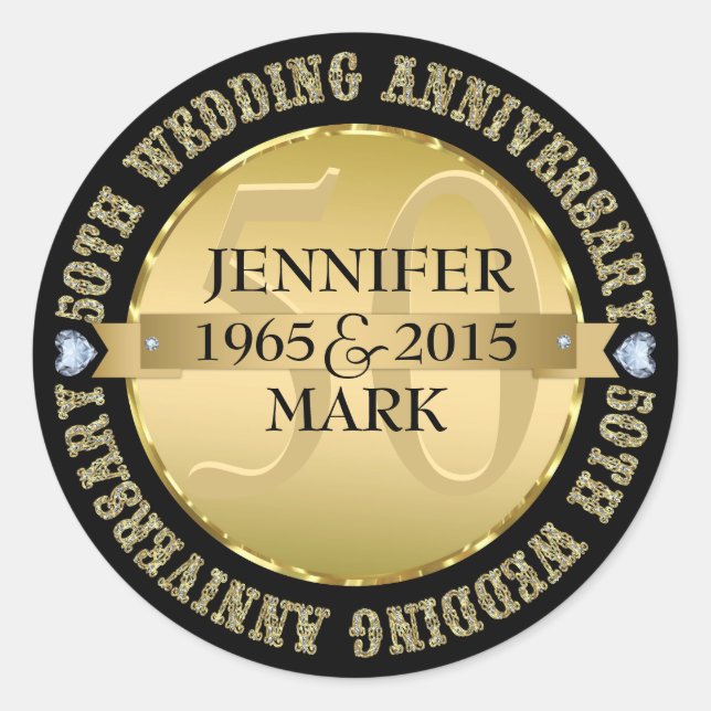 50Th Wedding Anniversary Metallic Gold & Black 2 Classic Round Sticker (Front)