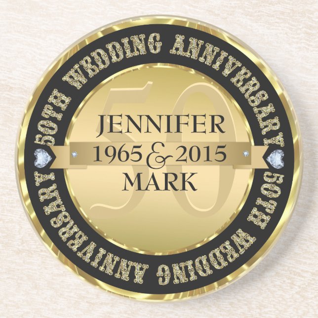 50Th Wedding Anniversary Metallic Gold & Black 2 Coaster (Front)
