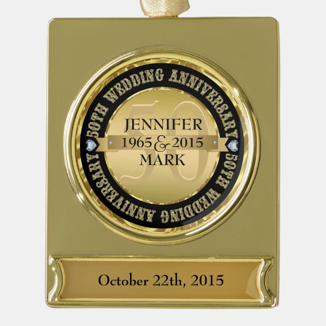 50Th Wedding Anniversary Metallic Gold & Black 2 Gold Plated Banner Ornament (Front)