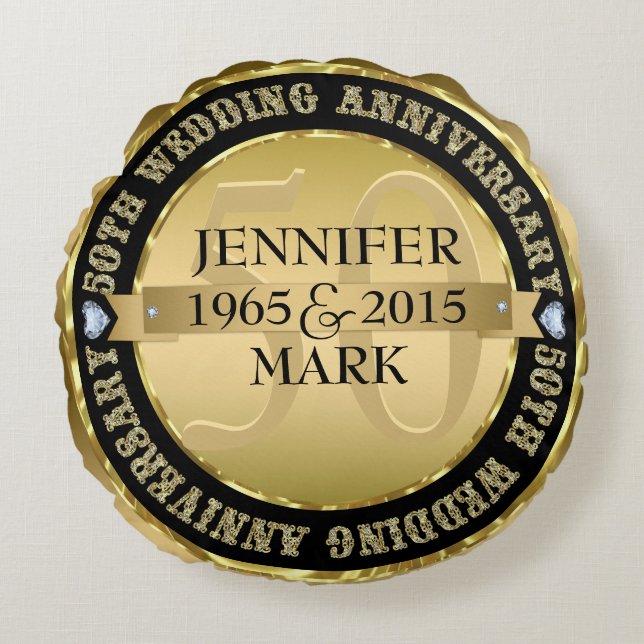 50Th Wedding Anniversary Metallic Gold & Black 2 Round Cushion (Front)