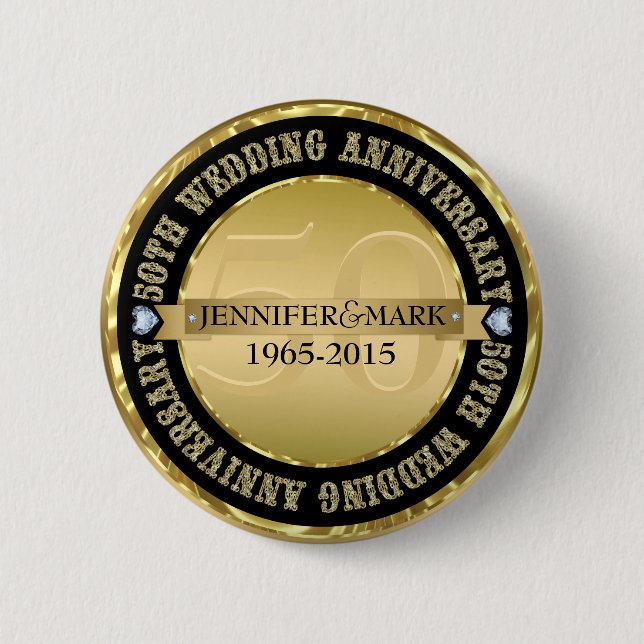 50Th Wedding Anniversary Metallic Gold & Black 6 Cm Round Badge (Front)