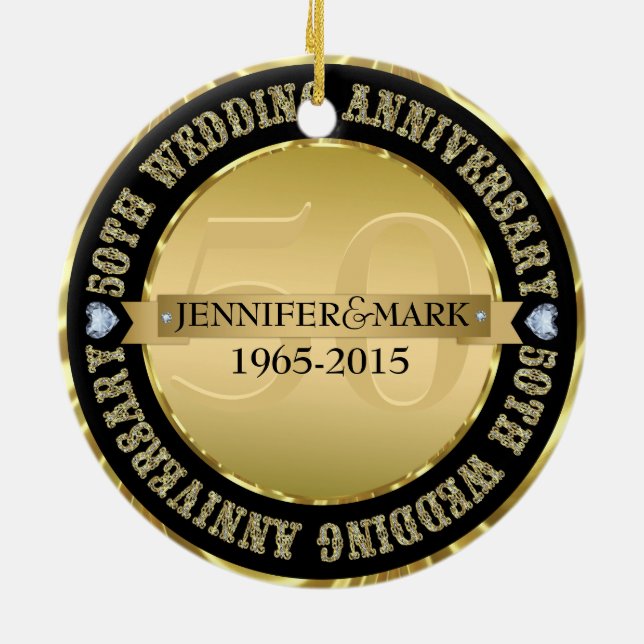 50Th Wedding Anniversary Metallic Gold & Black Ceramic Tree Decoration (Back)