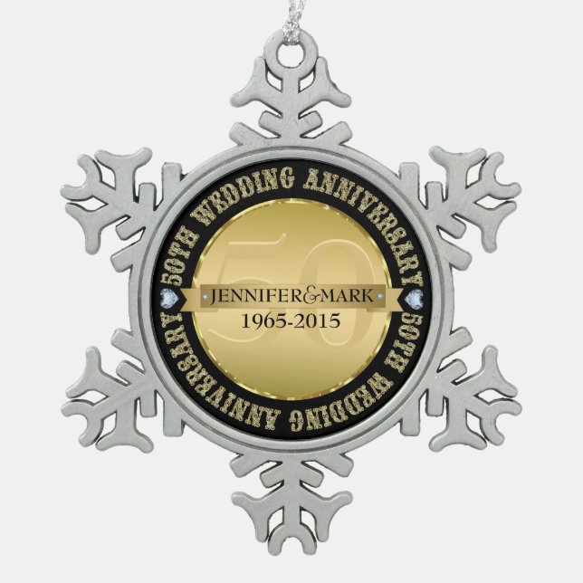 50Th Wedding Anniversary Metallic Gold & Black Snowflake Pewter Christmas Ornament (Front)