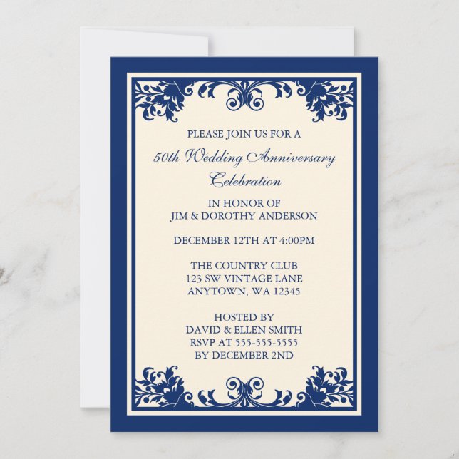 50th Wedding Anniversary Navy Flourish Scroll Invitation (Front)