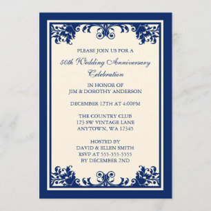50th Wedding Anniversary Navy Flourish Scroll Invitation