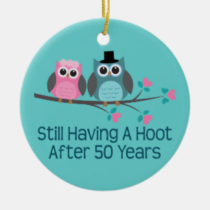 50th Wedding Anniversary Owls Ceramic Tree Decoration