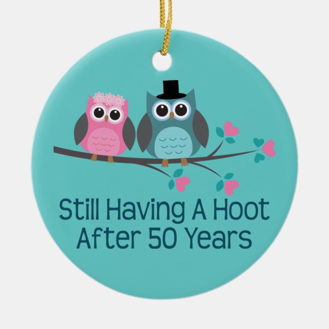 50th Wedding Anniversary Owls Ceramic Tree Decoration (Front)