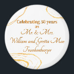 50th Wedding Anniversary Party Gold and white Magnet<br><div class="desc">Celebrate your 50th Golden Wedding Anniversary in style with our exquisite metallic gold swirl magnet! This elegant piece is a wonderful addition to any refrigerator, representing the brilliance of five decades of love. Pair it with your invitations or gift to loved ones after your anniversary celebration. Enhance your event by...</div>