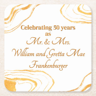 50th Wedding Anniversary Party Gold and white Square Paper Coaster
