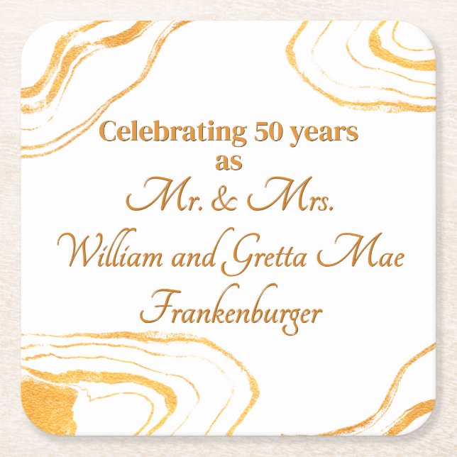 50th Wedding Anniversary Party Gold and white Square Paper Coaster (Front)