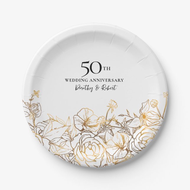 50th Wedding Anniversary Party Gold White Floral Paper Plate (Front)