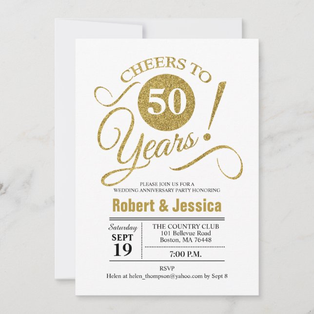 50th Wedding Anniversary Party - Gold White Invitation (Front)