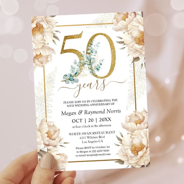 50th Wedding Anniversary Party Gold White Peony Invitation (Creator Uploaded)