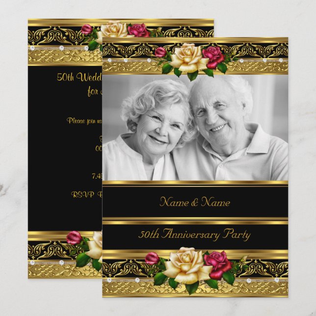 50th Wedding Anniversary Party Rose Gold Photo 3 Invitation (Front/Back)